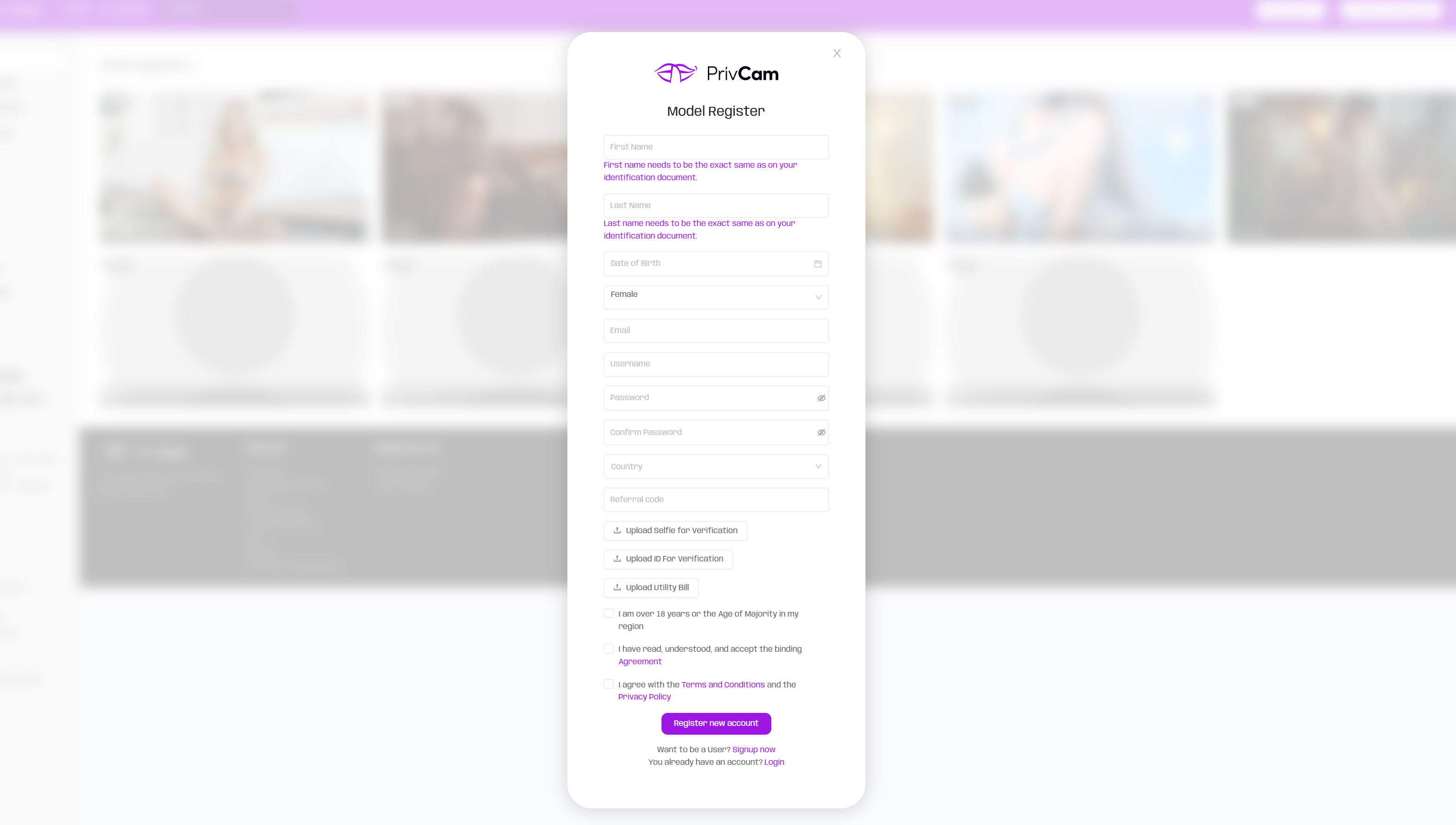 Performer registration and profile creation
