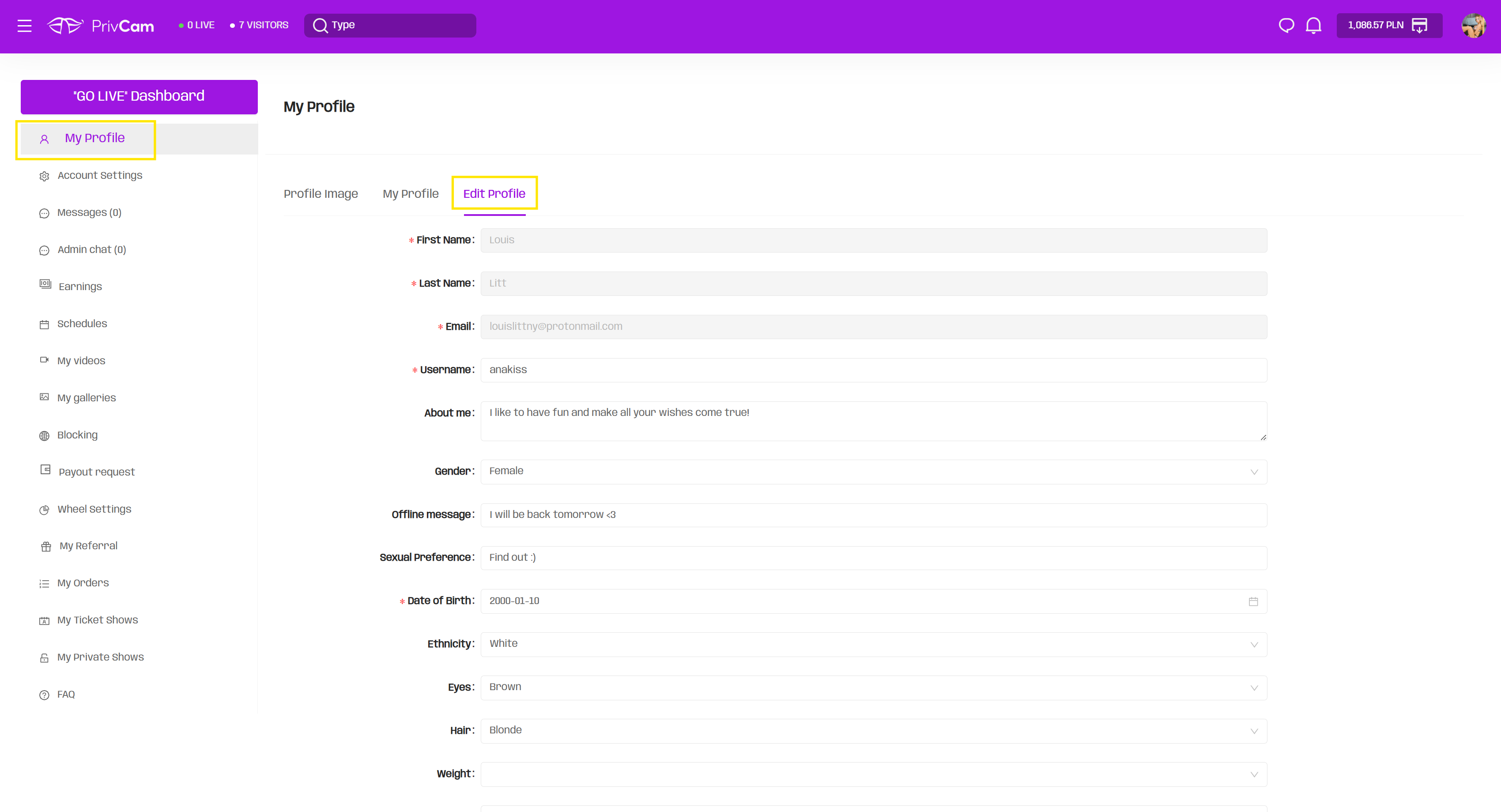 Performer registration and profile creation