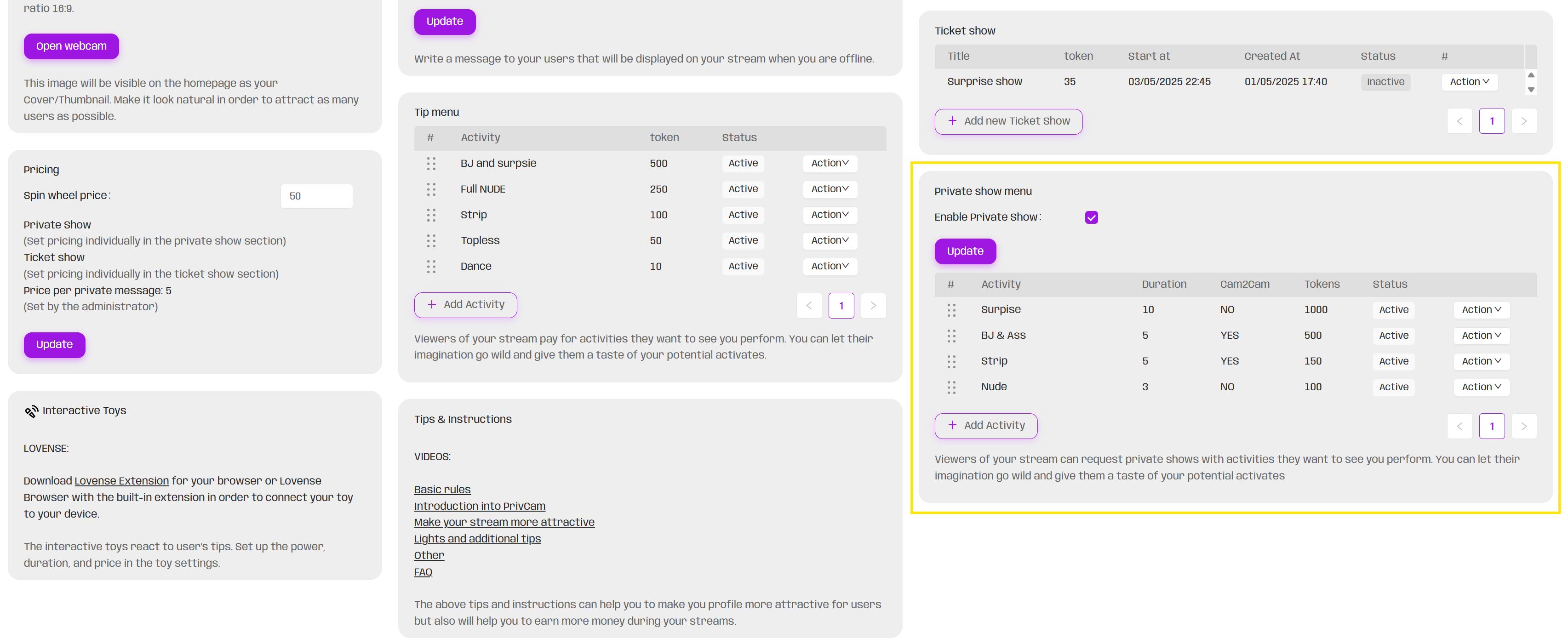 How to set and activate a private or ticket show?