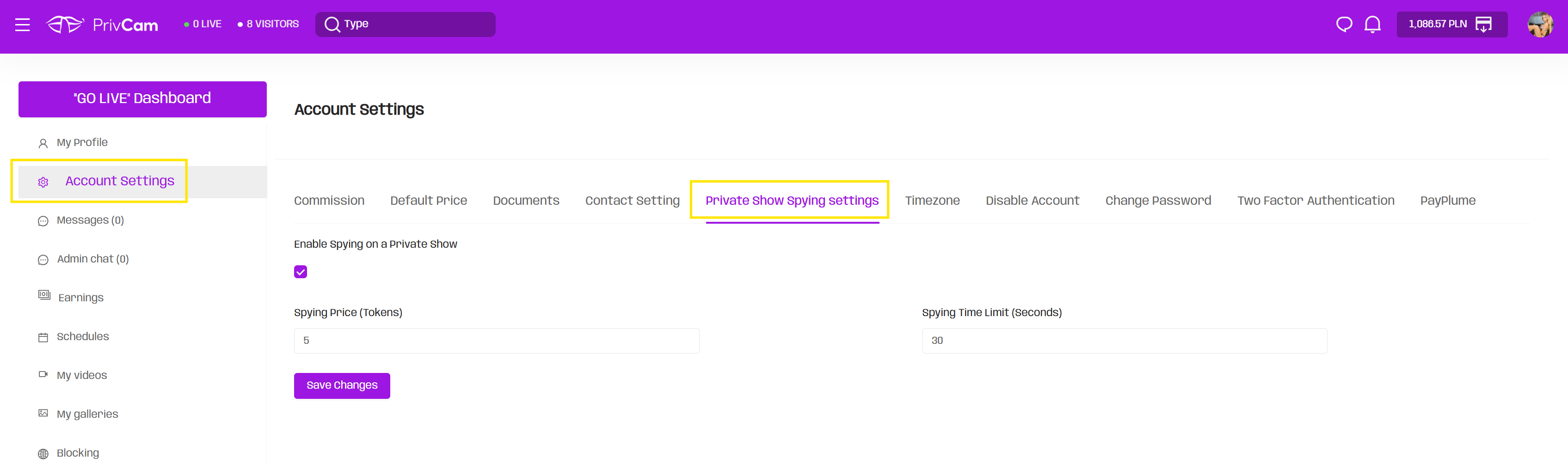 How to set and activate a private or ticket show?