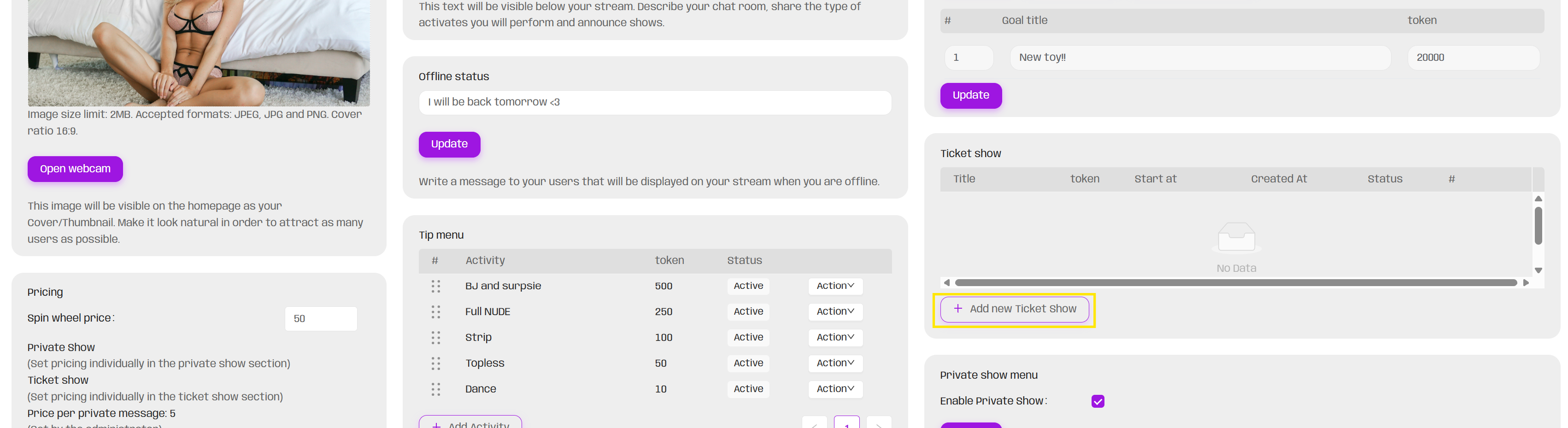 How to set and activate a private or ticket show?