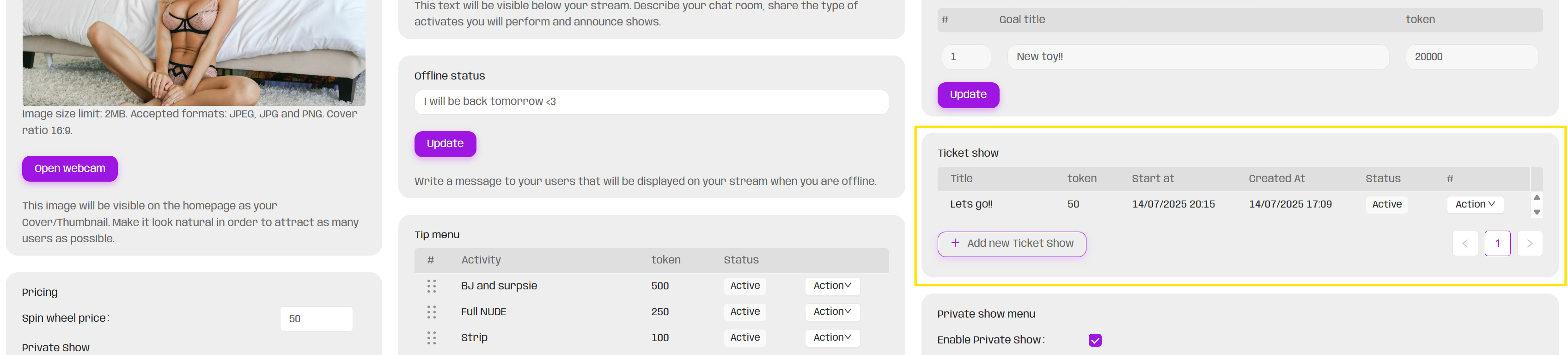 How to set and activate a private or ticket show?