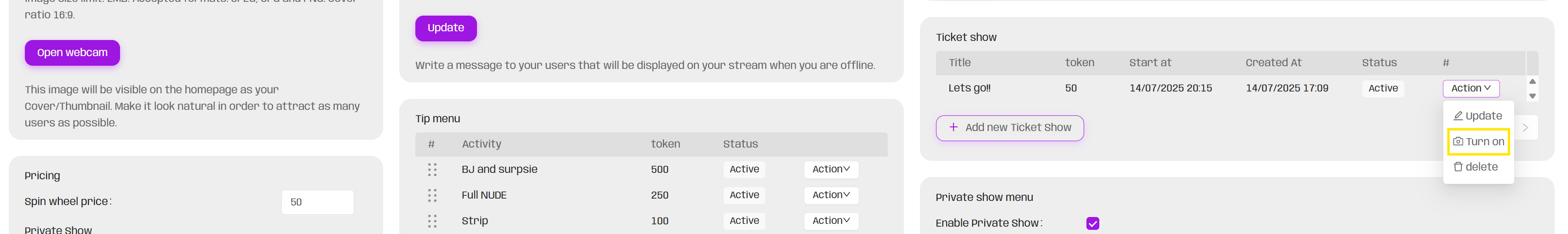 How to set and activate a private or ticket show?