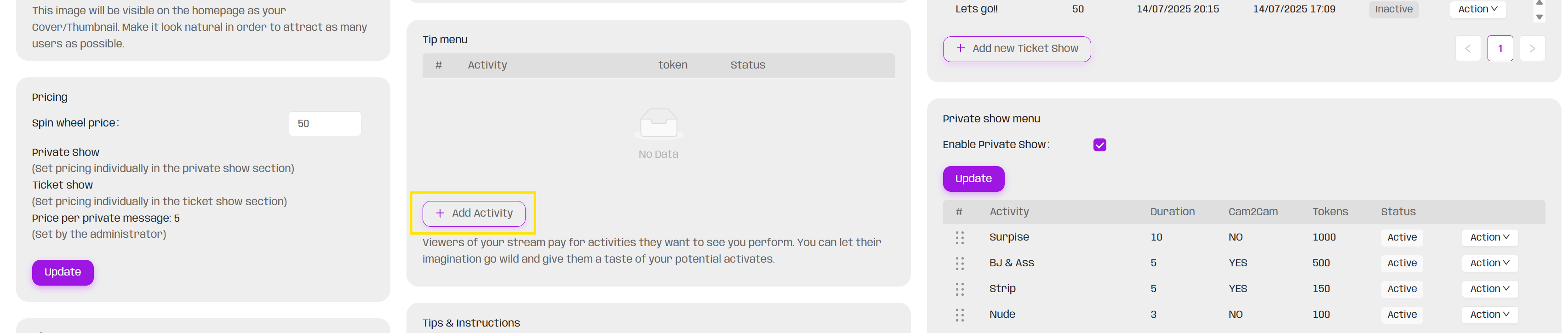 How to setup the tipping menu, wheel and goal?