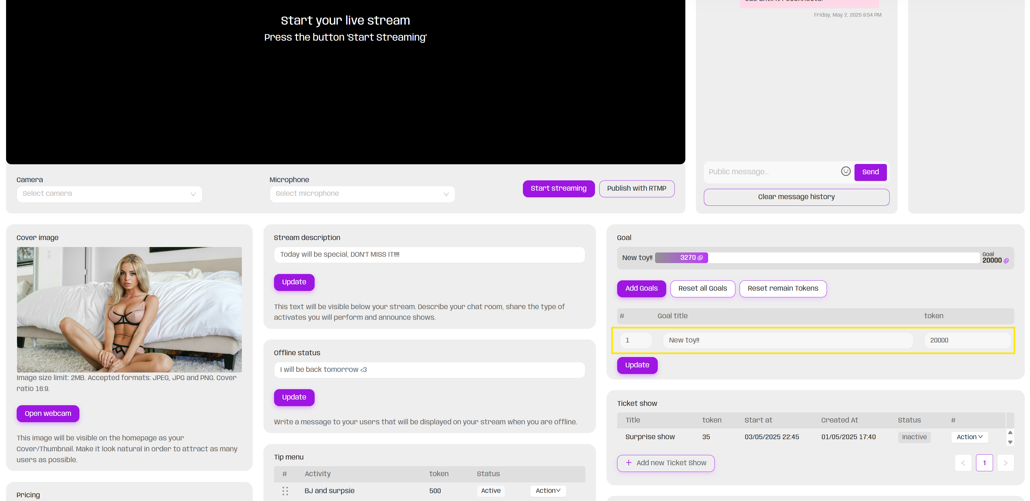 How to setup the tipping menu, wheel and goal?
