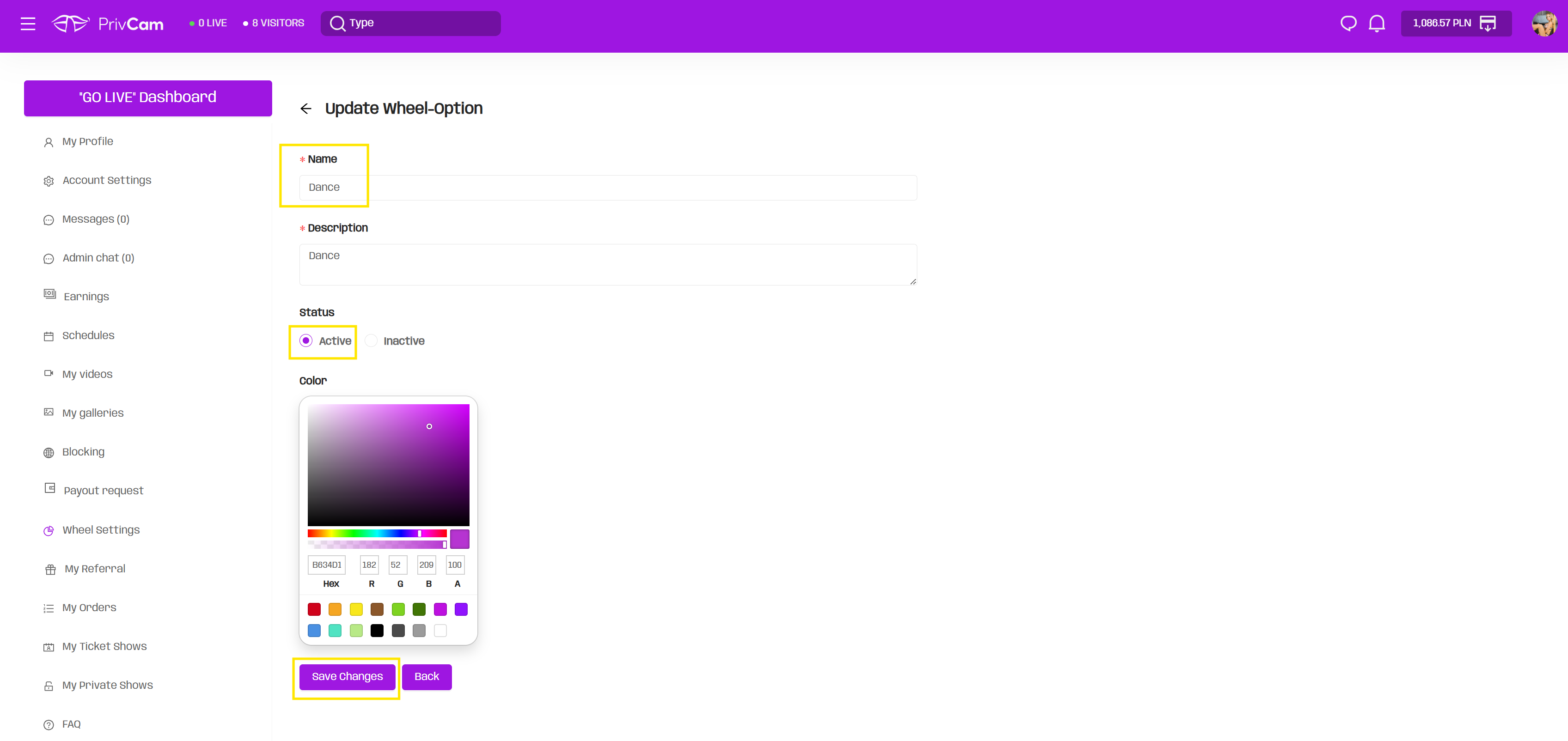 How to setup the tipping menu, wheel and goal?