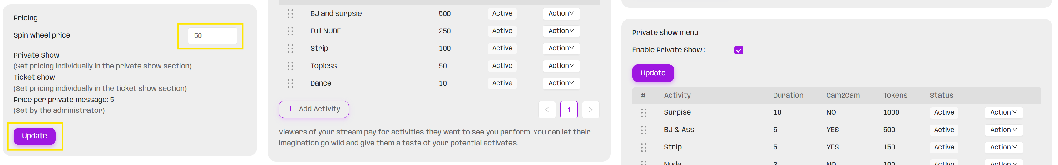 How to setup the tipping menu, wheel and goal?