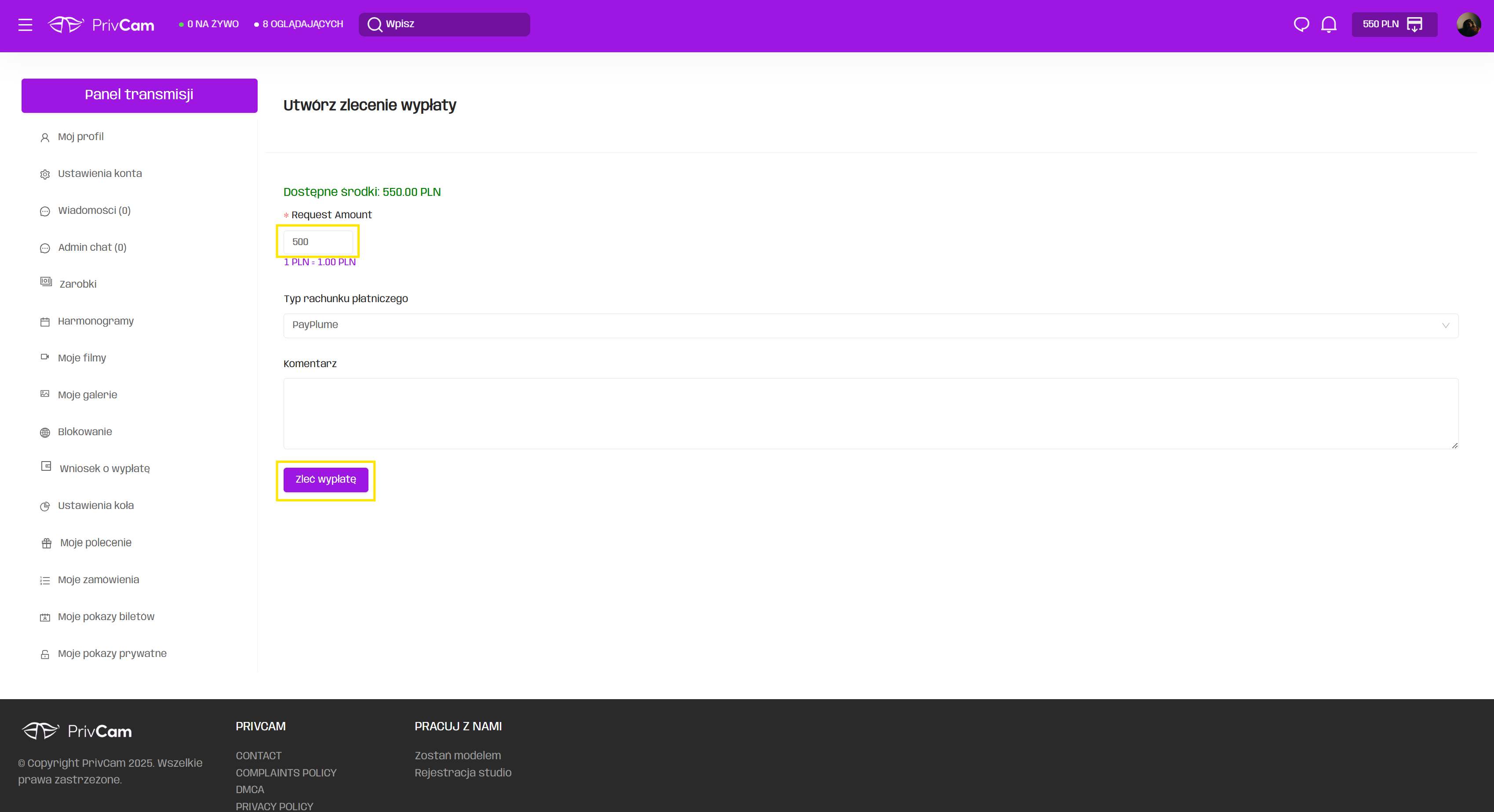 How to make a withdrawal from PrivCam?